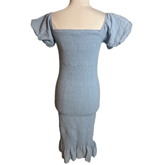 Baltic Born Alana Smocked Midi Dress Blue Off The Shoulder Puff Sz S - Picture 2 of 5